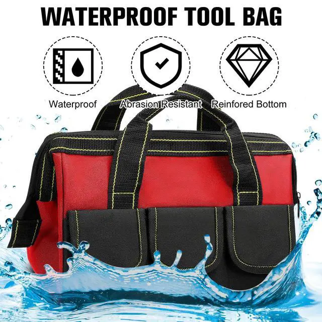 Alt view image 3 of 7 - 3 Pack Tool Bag for Men with Waterproof Hard Bottom, Heavy Duty Tool Bag Wide Mouth Tote for Various Instrument, Electrician Carpenter Mechanic(Red, Army Green, Yellow,16 Inch,Classic)