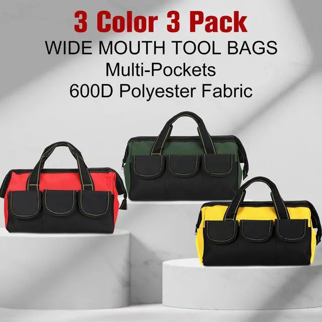 Alt view image 4 of 7 - 3 Pack Tool Bag for Men with Waterproof Hard Bottom, Heavy Duty Tool Bag Wide Mouth Tote for Various Instrument, Electrician Carpenter Mechanic(Red, Army Green, Yellow,16 Inch,Classic)