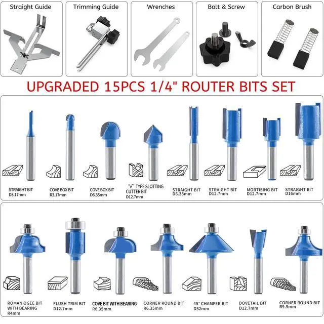 Alt view image 7 of 7 - Router Tool, 110V-120V 800W Compact Wood Router Tool for Woodworking | Electric Hand Trimmer 1/4" Collets Palm Wood Router Tools Laminate Trimmer + Tungsten Carbide Router Bits 15-Piece Set