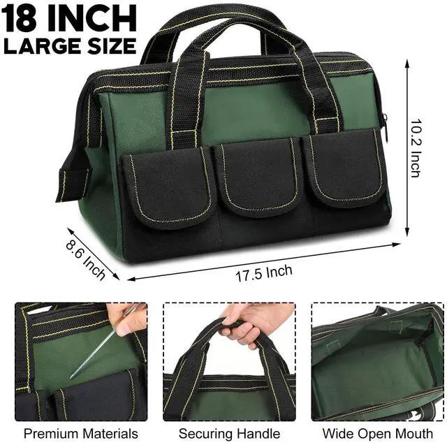 Alt view image 2 of 6 - 3 Pack Tool Bag for Men with Waterproof Hard Bottom, Heavy Duty Tool Bag Wide Mouth Tote for Various Instrument, Electrician Carpenter Mechanic(Red, Army Green, Blue,18 Inch,Classic)