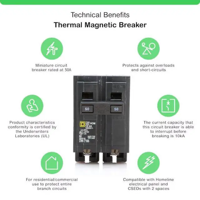 Alt view image 3 of 7 - Genuine Square D HOM250 50 Amp Double Pole Circuit Breaker Kit | UL Listed, Plug-On Replacement for Homeline Load Center Panel Box, 50A, 120/240V, 10kAIC, 50Amp, 2 Pole HOM Series, 1 Pack