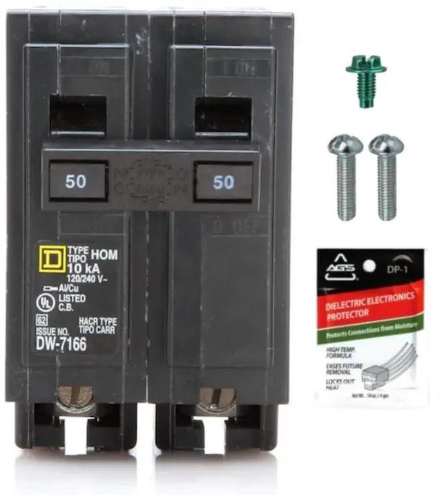 Main image of Genuine Square D HOM250 50 Amp Double Pole Circuit Breaker Kit | UL Listed, Plug-On Replacement for Homeline Load Center Panel Box, 50A, 120/240V, 10kAIC, 50Amp, 2 Pole HOM Series, 1 Pack