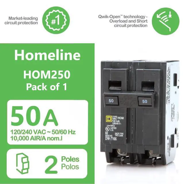 Alt view image 2 of 7 - Genuine Square D HOM250 50 Amp Double Pole Circuit Breaker Kit | UL Listed, Plug-On Replacement for Homeline Load Center Panel Box, 50A, 120/240V, 10kAIC, 50Amp, 2 Pole HOM Series, 1 Pack