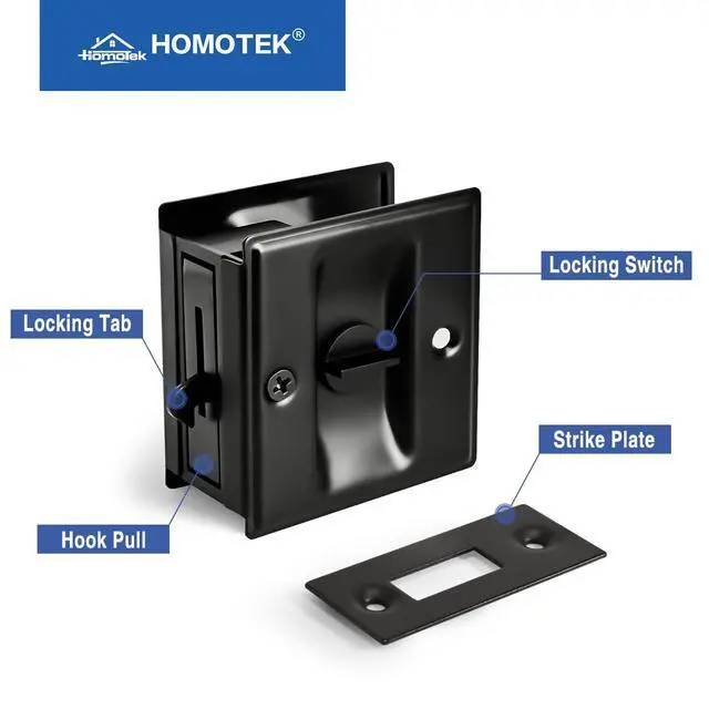 Alt view image 4 of 7 - Privacy Sliding Door Lock with Pull - Replace Old Or Damaged Pocket Locks Hardware Quickly and Easily, 2-3/4x2-1/2, for 1-3/8 Thickness Door, Black