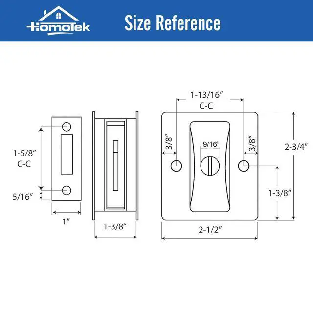 Alt view image 3 of 7 - Privacy Sliding Door Lock with Pull - Replace Old Or Damaged Pocket Locks Hardware Quickly and Easily, 2-3/4x2-1/2, for 1-3/8 Thickness Door, Black