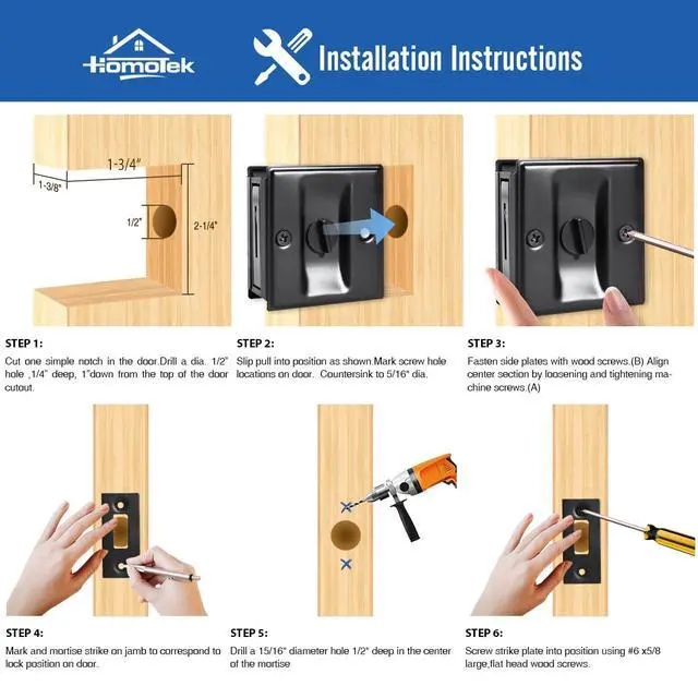 Alt view image 5 of 7 - Privacy Sliding Door Lock with Pull - Replace Old Or Damaged Pocket Locks Hardware Quickly and Easily, 2-3/4x2-1/2, for 1-3/8 Thickness Door, Black