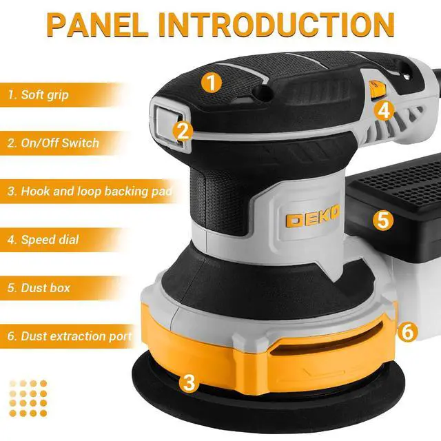 Alt view image 2 of 7 - Orbital Sander Corded Hand Sander: 5" Random Orbital Sander with Dust Box, 6 Various Speeds Electric Palm Sander with Dust Box, 16Pcs Sandpapers for Woodworking & Sanding-Yellow