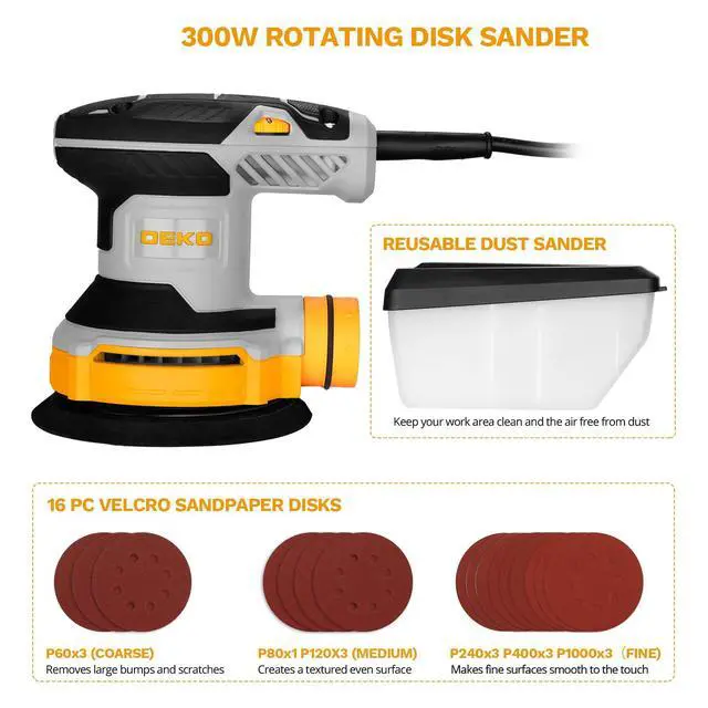 Alt view image 3 of 7 - Orbital Sander Corded Hand Sander: 5" Random Orbital Sander with Dust Box, 6 Various Speeds Electric Palm Sander with Dust Box, 16Pcs Sandpapers for Woodworking & Sanding-Yellow