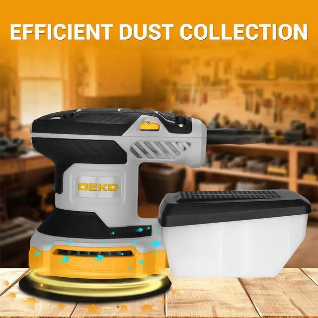Alt view image 6 of 7 - Orbital Sander Corded Hand Sander: 5" Random Orbital Sander with Dust Box, 6 Various Speeds Electric Palm Sander with Dust Box, 16Pcs Sandpapers for Woodworking & Sanding-Yellow
