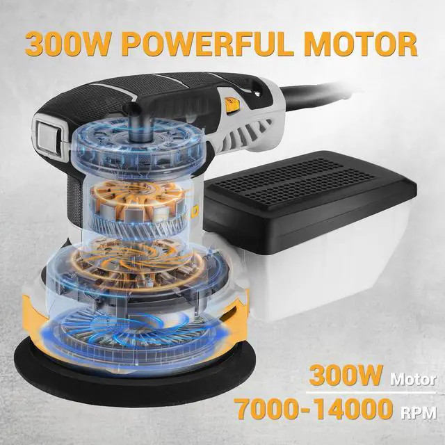 Alt view image 7 of 7 - Orbital Sander Corded Hand Sander: 5" Random Orbital Sander with Dust Box, 6 Various Speeds Electric Palm Sander with Dust Box, 16Pcs Sandpapers for Woodworking & Sanding-Yellow