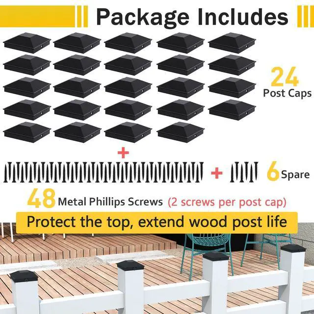 Alt view image 2 of 7 - 4x4 Post Caps Black(Actual 3.5" x 3.5"), 24 Pack with 48 Screws | Easy Installation Fence Post Caps, Sturdy Waterproof Plastic Deck Post Caps with Frosted Finishing Touch, Protect Wood Post