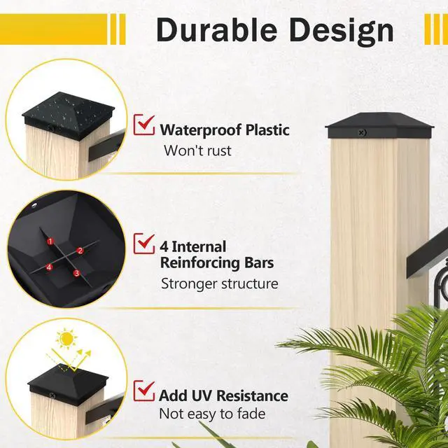 Alt view image 4 of 7 - 4x4 Post Caps Black(Actual 3.5" x 3.5"), 24 Pack with 48 Screws | Easy Installation Fence Post Caps, Sturdy Waterproof Plastic Deck Post Caps with Frosted Finishing Touch, Protect Wood Post