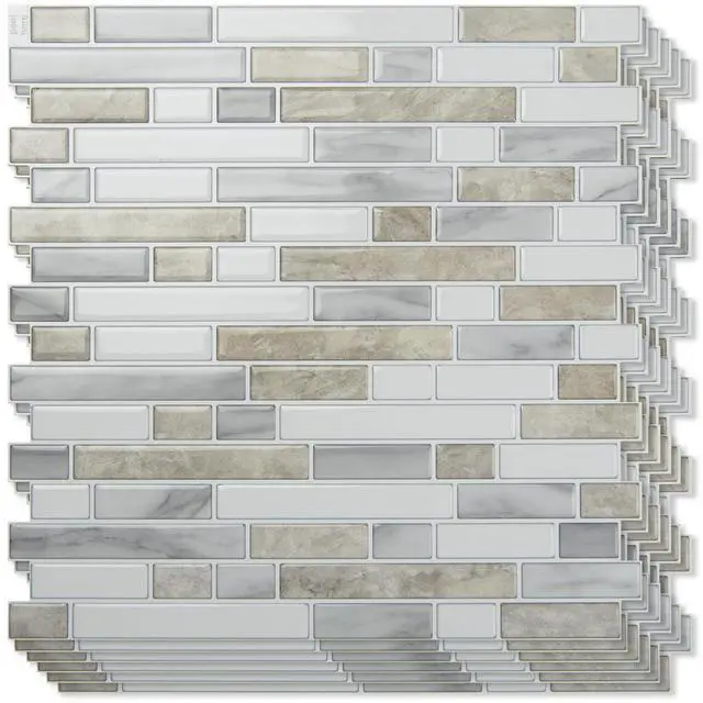 Main image of Linear Design Tile Peel and Stick Backsplash, 10-Sheet, Beige & White | 12 x 12 Inch, Enhanced Thickness, Warp Resistant, Strong Adhesion, Sturdy, for Kitchen, Bedroom, Ideal for Home Improvement