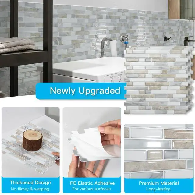 Alt view image 5 of 7 - Linear Design Tile Peel and Stick Backsplash, 10-Sheet, Beige & White | 12 x 12 Inch, Enhanced Thickness, Warp Resistant, Strong Adhesion, Sturdy, for Kitchen, Bedroom, Ideal for Home Improvement