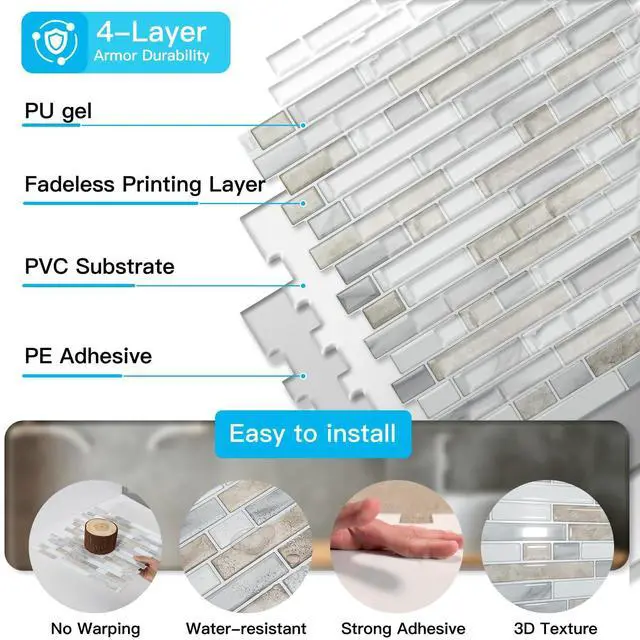 Alt view image 7 of 7 - Linear Design Tile Peel and Stick Backsplash, 10-Sheet, Beige & White | 12 x 12 Inch, Enhanced Thickness, Warp Resistant, Strong Adhesion, Sturdy, for Kitchen, Bedroom, Ideal for Home Improvement