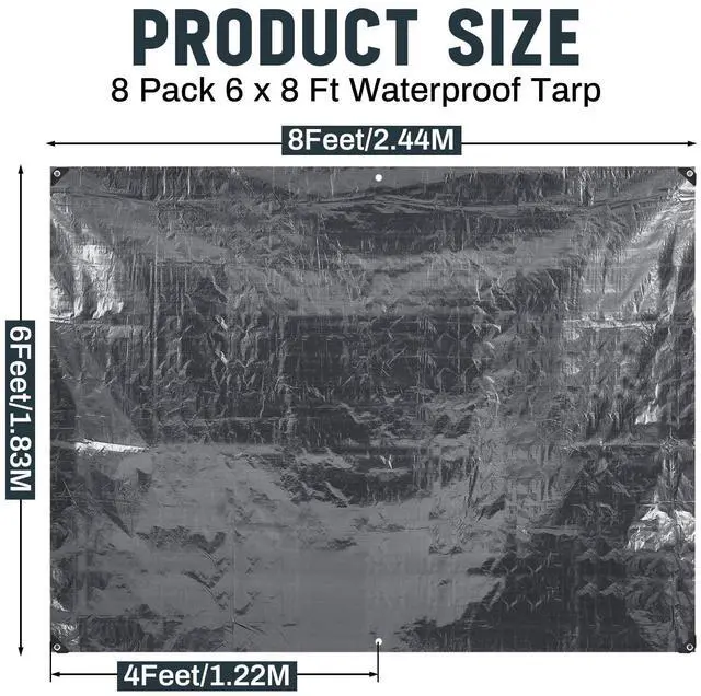 Alt view image 2 of 7 - 8 Pack 6 x 8 ft 5.5 Mil Large Tarps Heavy Duty Waterproof Tarp Multi Purpose Tent Cover for Home Boats Cars Camping Patio Furniture Roof Emergency Rain Protective Cover, Gray