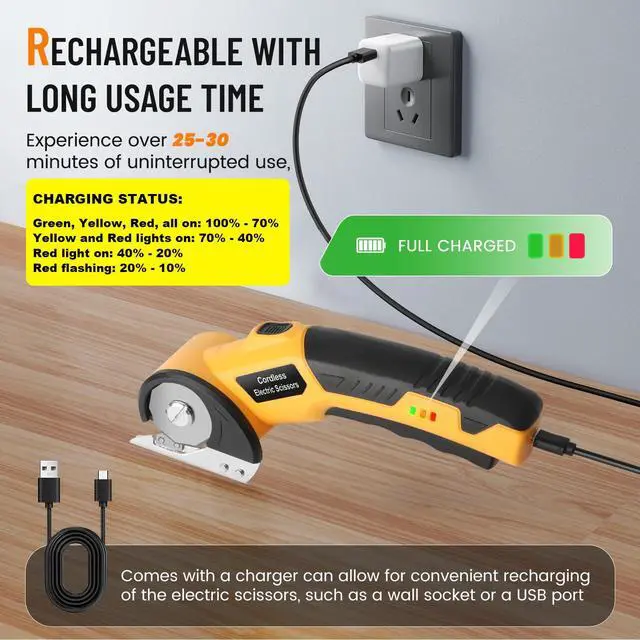 Alt view image 5 of 7 - Electric Scissors, Cardboard Cutter, With LED Light, High-Efficiency Brushless Motor, 2000mAh Battery, Tungsten Steel Blade, Suitable for Cloth, Cardboard, Carpet Wire Rope Cutters Yellow