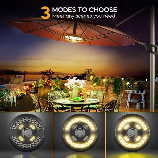 Alt view image 2 of 7 - Patio Umbrella Lights-Rechargeable Outdoor Lights for Patio Decor | Patio Table Pole Light 28 LED 3 Lighting Modes, Patio Lighting Pool Accessories, Backyard Decor, BBQ, Garden, Camping