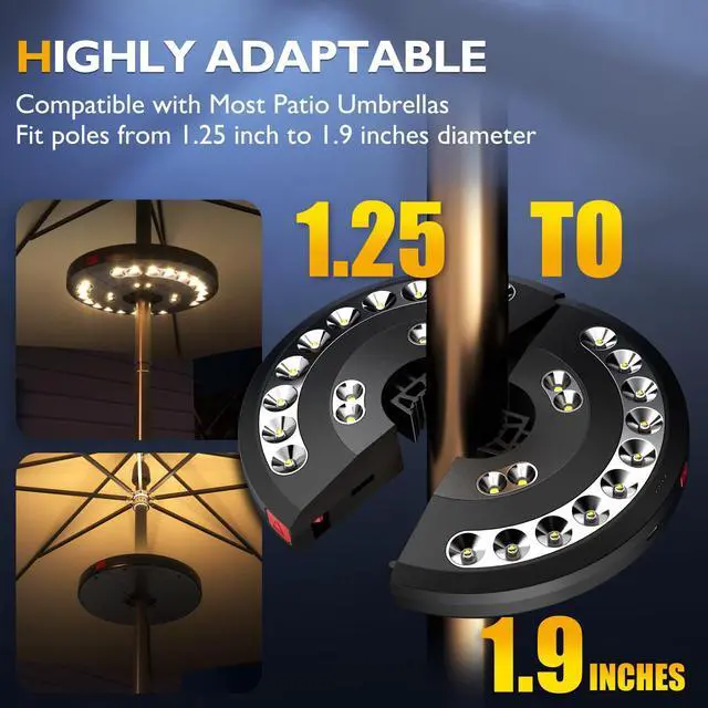 Alt view image 3 of 7 - Patio Umbrella Lights-Rechargeable Outdoor Lights for Patio Decor | Patio Table Pole Light 28 LED 3 Lighting Modes, Patio Lighting Pool Accessories, Backyard Decor, BBQ, Garden, Camping