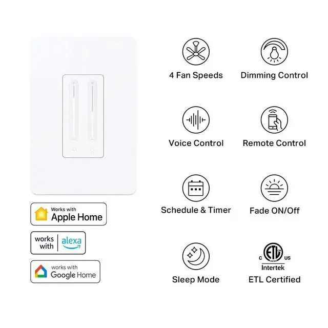 Alt view image 3 of 7 - Ceiling Fan Control & Dimmer Switch | Adjustable 4-Speed Fan & Brightness Control | Works w/Apple HomeKit, Alexa & Google Home | 2.4G Wi-Fi Only, Single Pole, Neutral Wire Required | KS240