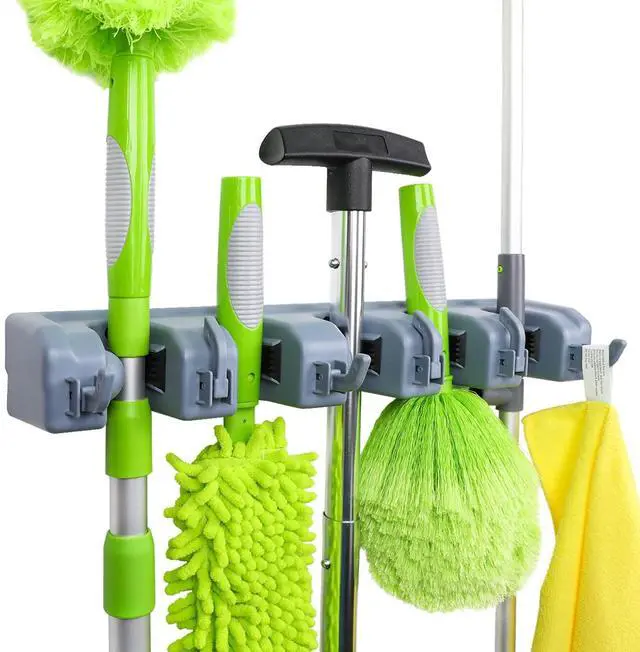 Main image of Rectangular Heavy Duty Wall Mount Broom and Mop Holder, Sturdy Tool Organizer with Hooks and Slots for Garage, Garden, Laundry, Kitchen Organization, 2.36 x 16.9 x 3.35 in, Gray