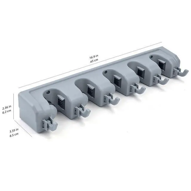 Alt view image 6 of 6 - Rectangular Heavy Duty Wall Mount Broom and Mop Holder, Sturdy Tool Organizer with Hooks and Slots for Garage, Garden, Laundry, Kitchen Organization, 2.36 x 16.9 x 3.35 in, Gray
