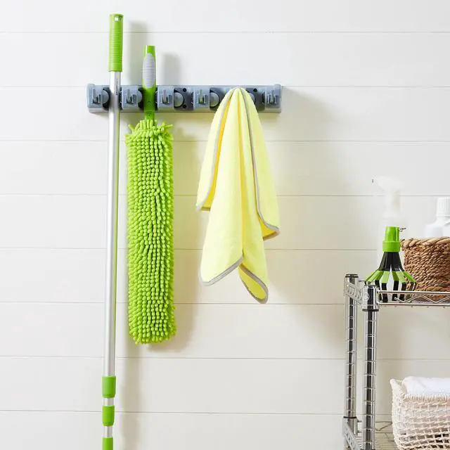 Alt view image 5 of 6 - Rectangular Heavy Duty Wall Mount Broom and Mop Holder, Sturdy Tool Organizer with Hooks and Slots for Garage, Garden, Laundry, Kitchen Organization, 2.36 x 16.9 x 3.35 in, Gray