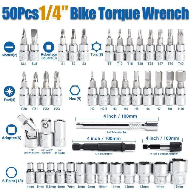 Alt view image 2 of 6 - 50Pcs Master Bike Torque Wrench Set, 1/4 Inch Drive, 10-230 IN.LB (1-26.0 Nm), Inch Pound Click Torque Wrench with Bit Sockets, 0.1 Nm Micro, 3/8 Adapter, Pro Bicycle Tool Kit for MTB