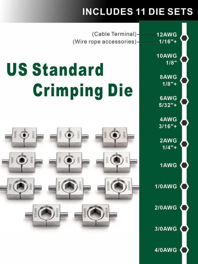 Alt view image 2 of 2 - Hydraulic Cable Crimping Tool, Battery Cable Terminal Crimper 12 AWG4/0 AWG, US Standard AWG Dies, 10-Ton Hydraulic Copper Cable Lugs Crimper for US Standard Cable 12 ga-4/0 ga