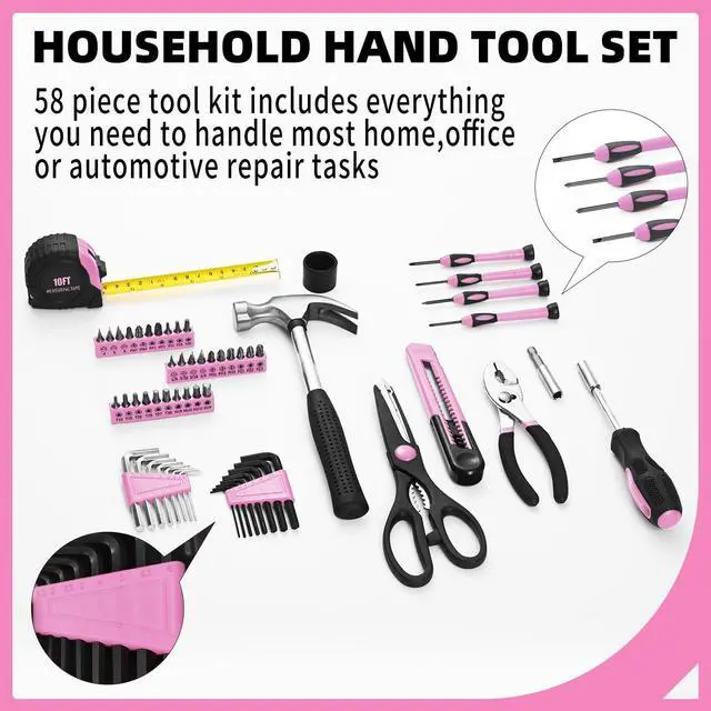 Alt view image 2 of 7 - 58-Piece Household Tool Set for Women with Plastic Toolbox, Pink | All Purpose Hand Tool Kit, General Small Tool Kit, for Home Garage, Office, College Dorm, Daily DIY Repairs, Household Use
