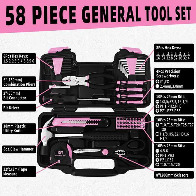 Alt view image 3 of 7 - 58-Piece Household Tool Set for Women with Plastic Toolbox, Pink | All Purpose Hand Tool Kit, General Small Tool Kit, for Home Garage, Office, College Dorm, Daily DIY Repairs, Household Use