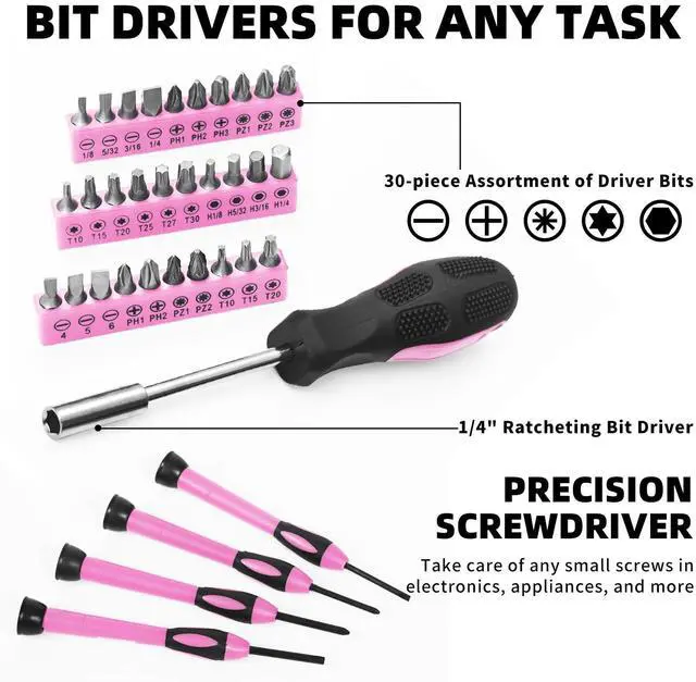 Alt view image 4 of 7 - 58-Piece Household Tool Set for Women with Plastic Toolbox, Pink | All Purpose Hand Tool Kit, General Small Tool Kit, for Home Garage, Office, College Dorm, Daily DIY Repairs, Household Use