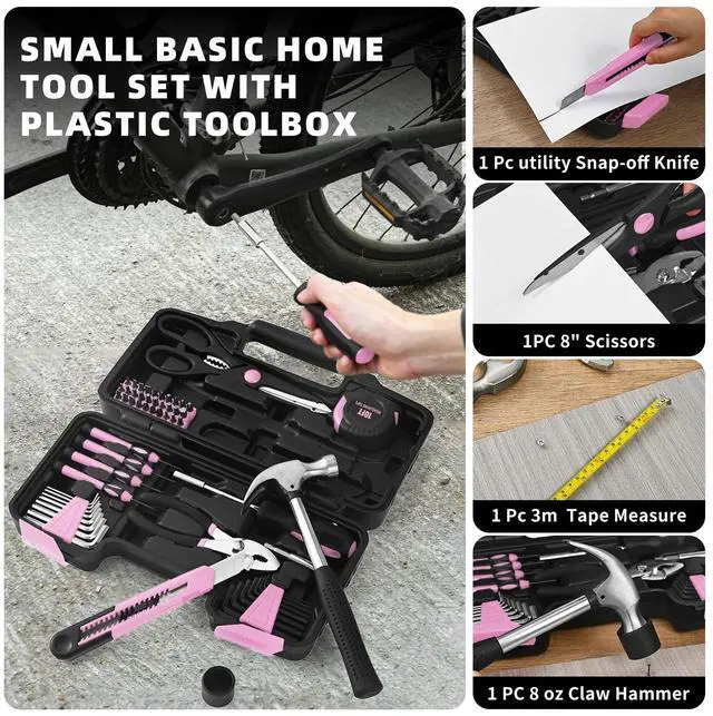 Alt view image 5 of 7 - 58-Piece Household Tool Set for Women with Plastic Toolbox, Pink | All Purpose Hand Tool Kit, General Small Tool Kit, for Home Garage, Office, College Dorm, Daily DIY Repairs, Household Use