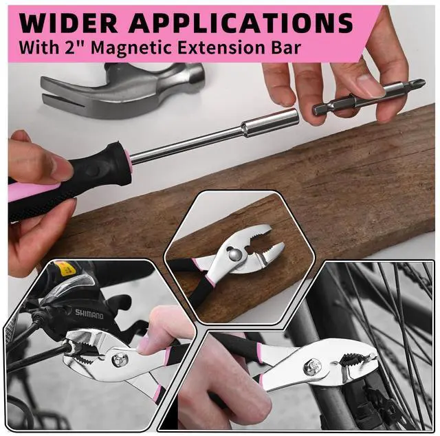 Alt view image 6 of 7 - 58-Piece Household Tool Set for Women with Plastic Toolbox, Pink | All Purpose Hand Tool Kit, General Small Tool Kit, for Home Garage, Office, College Dorm, Daily DIY Repairs, Household Use
