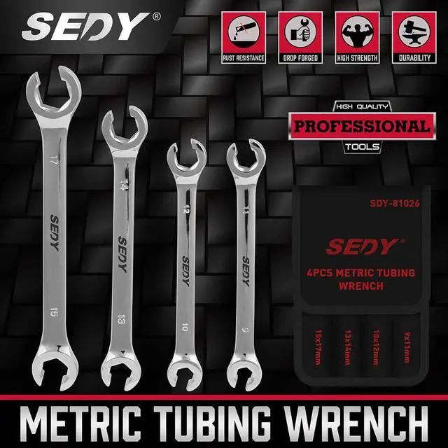 Alt view image 2 of 7 - 4-Piece Flare Nut Wrench Set, Offset End Spanner Metric 9 10 11 12 13 14 15 17mm, CR-V Steel Storage Pouch Repair and Remove Nuts on Fuel Tube Hose Transmission Line