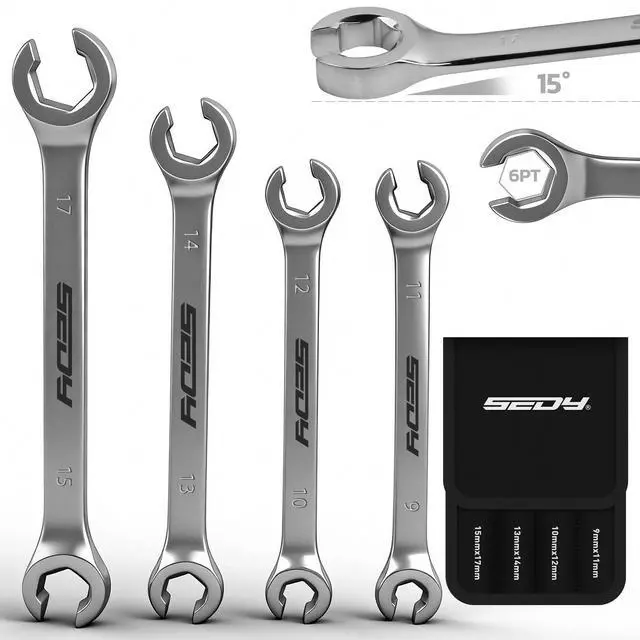 Main image of 4-Piece Flare Nut Wrench Set, Offset End Spanner Metric 9 10 11 12 13 14 15 17mm, CR-V Steel Storage Pouch Repair and Remove Nuts on Fuel Tube Hose Transmission Line