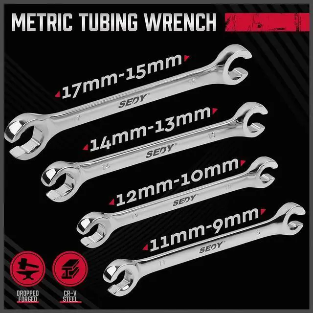 Alt view image 4 of 7 - 4-Piece Flare Nut Wrench Set, Offset End Spanner Metric 9 10 11 12 13 14 15 17mm, CR-V Steel Storage Pouch Repair and Remove Nuts on Fuel Tube Hose Transmission Line