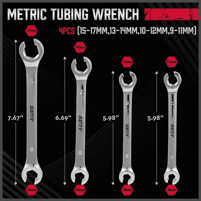 Alt view image 3 of 7 - 4-Piece Flare Nut Wrench Set, Offset End Spanner Metric 9 10 11 12 13 14 15 17mm, CR-V Steel Storage Pouch Repair and Remove Nuts on Fuel Tube Hose Transmission Line