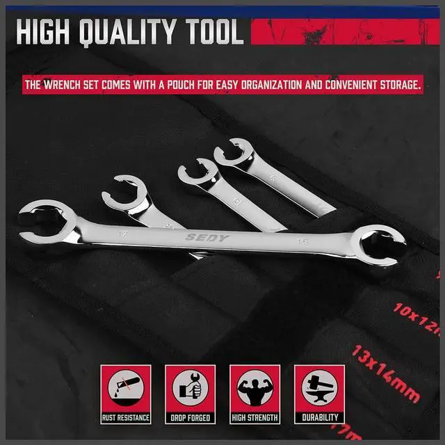 Alt view image 5 of 7 - 4-Piece Flare Nut Wrench Set, Offset End Spanner Metric 9 10 11 12 13 14 15 17mm, CR-V Steel Storage Pouch Repair and Remove Nuts on Fuel Tube Hose Transmission Line