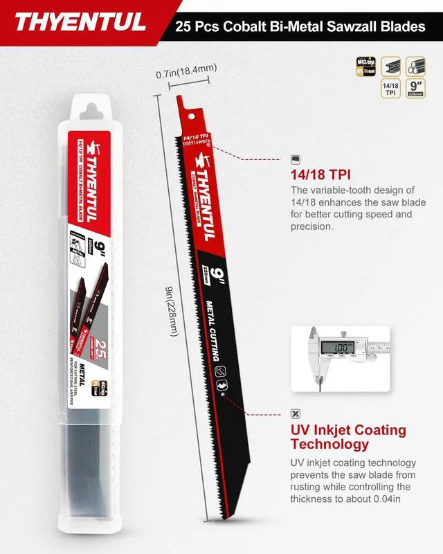 Alt view image 2 of 7 - 25 Pack,9 inch,14/18 TPI,Reciprocating Saw Blade Set,M42 Teeth with Cobalt Bi-Metal Blades, for Automatic Dismantling Sawzall Blades for 1/16-5/16 Medium Metals