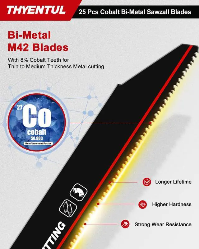 Alt view image 3 of 7 - 25 Pack,9 inch,14/18 TPI,Reciprocating Saw Blade Set,M42 Teeth with Cobalt Bi-Metal Blades, for Automatic Dismantling Sawzall Blades for 1/16-5/16 Medium Metals