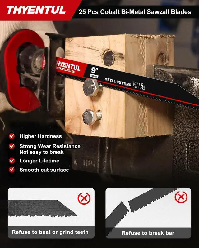 Alt view image 5 of 7 - 25 Pack,9 inch,14/18 TPI,Reciprocating Saw Blade Set,M42 Teeth with Cobalt Bi-Metal Blades, for Automatic Dismantling Sawzall Blades for 1/16-5/16 Medium Metals