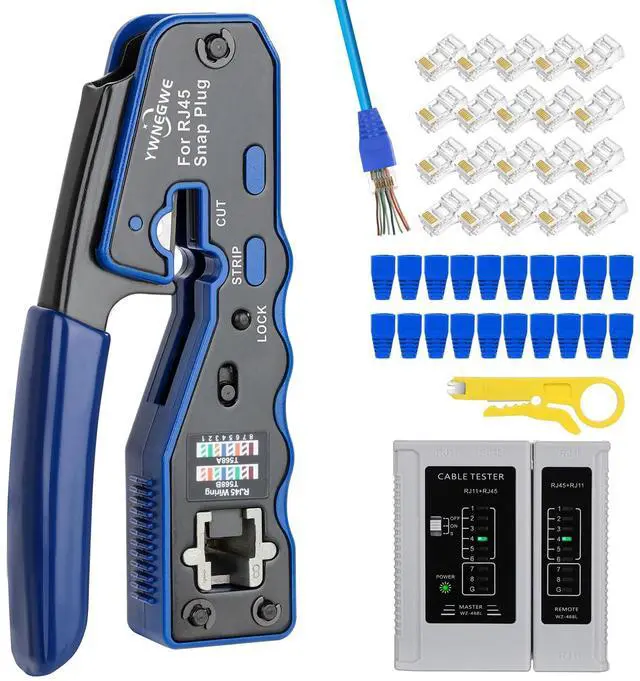 Main image of RJ45 Crimp Tool Kit Pass Thru Ethernet Crimper for Cat5e Cat6 Cat6a 8P8C Modular Connectors, All-in-One Cat6 Crimping Tool and Tester(9V Battery Not Included)