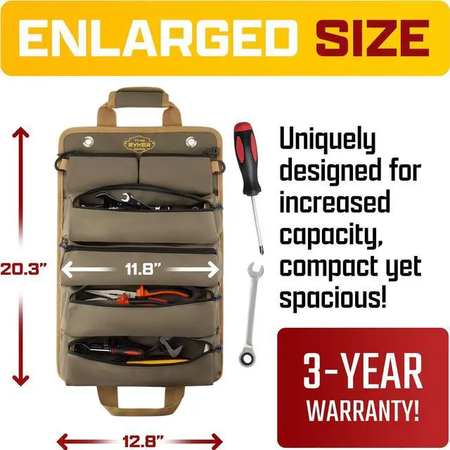 Alt view image 2 of 6 - Ryker Heavy Duty Roll Up Tool Bag Organizer w/Detachable Pouches, Khaki | Tool Roll Up Bag Tool Box Organization. Portable Truck & Motorcycle accessories. Rollup Tools Bags for Mechanic & Electrician
