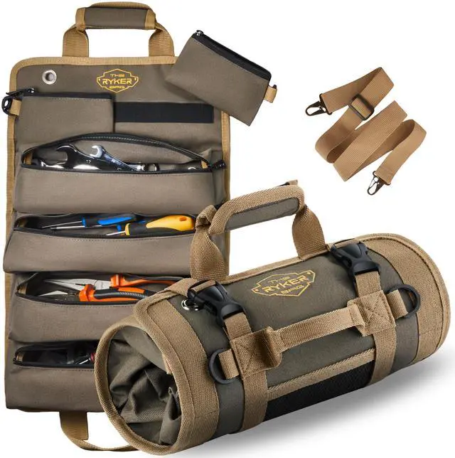 Main image of Ryker Heavy Duty Roll Up Tool Bag Organizer w/Detachable Pouches, Khaki | Tool Roll Up Bag Tool Box Organization. Portable Truck & Motorcycle accessories. Rollup Tools Bags for Mechanic & Electrician