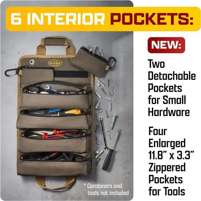 Alt view image 4 of 6 - Ryker Heavy Duty Roll Up Tool Bag Organizer w/Detachable Pouches, Khaki | Tool Roll Up Bag Tool Box Organization. Portable Truck & Motorcycle accessories. Rollup Tools Bags for Mechanic & Electrician