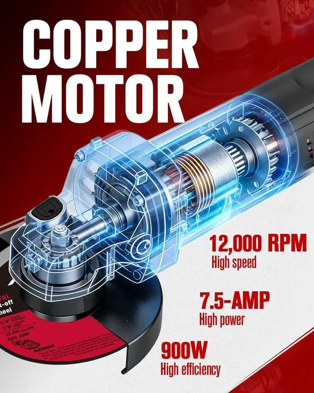 Alt view image 2 of 7 - Angle Grinder, 7.5-Amp 4-1/2 inch Electric Grinder Power Tools with Grinding and Cutting Wheels, Flap Disc and Auxiliary Handle for Cutting, Grinding, Polishing and Rust Removal - Red