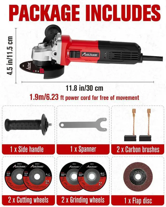 Alt view image 7 of 7 - Angle Grinder, 7.5-Amp 4-1/2 inch Electric Grinder Power Tools with Grinding and Cutting Wheels, Flap Disc and Auxiliary Handle for Cutting, Grinding, Polishing and Rust Removal - Red
