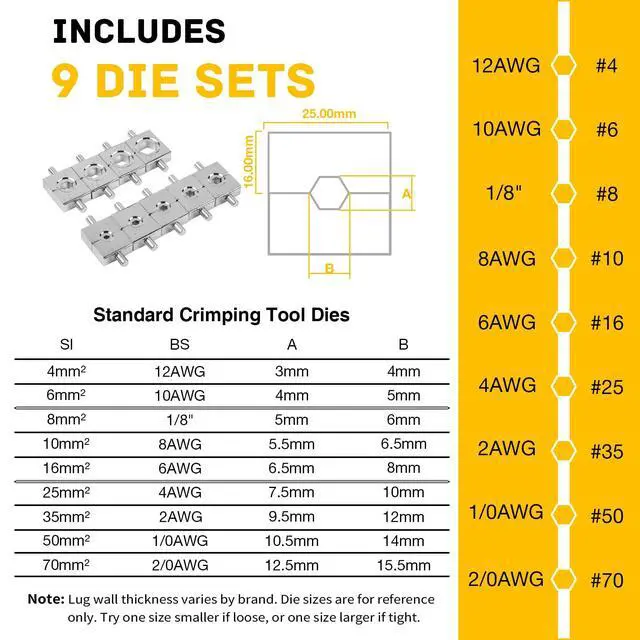 Alt view image 4 of 7 - 10-Ton Hydraulic Crimping Tool, 12 to 2/0 AWG Battery Cable Crimper | Clean, Even Hex Crimps, 9 Dies (12 AWG-2/0 AWG & 1/8") for Battery Cable Lugs, Cable Railing, Marine, RV and Solar Wiring