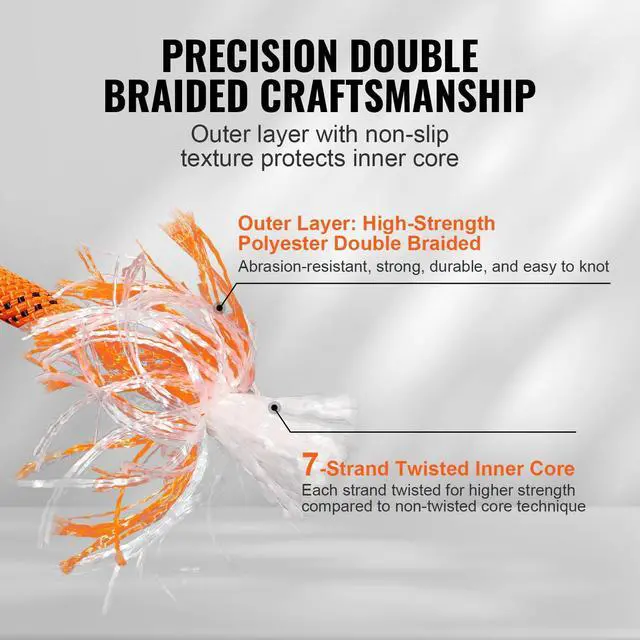 Alt view image 3 of 7 - Double Braided Polyester Rope, 1/2 in x 120 ft, 48 Strands, 8000 LBS Breaking Strength Outdoor Climbing Rope, Arborist Rigging Rope for Rock Hiking Camping Swing Rappelling Rescue, Orange/Black